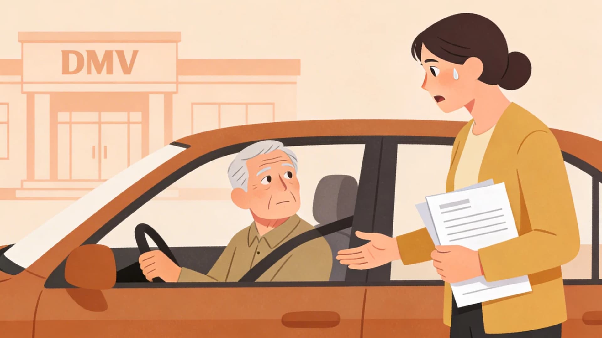 Illustration of a concerned family member talking to a senior driver while holding documents, subtle DMV building in background