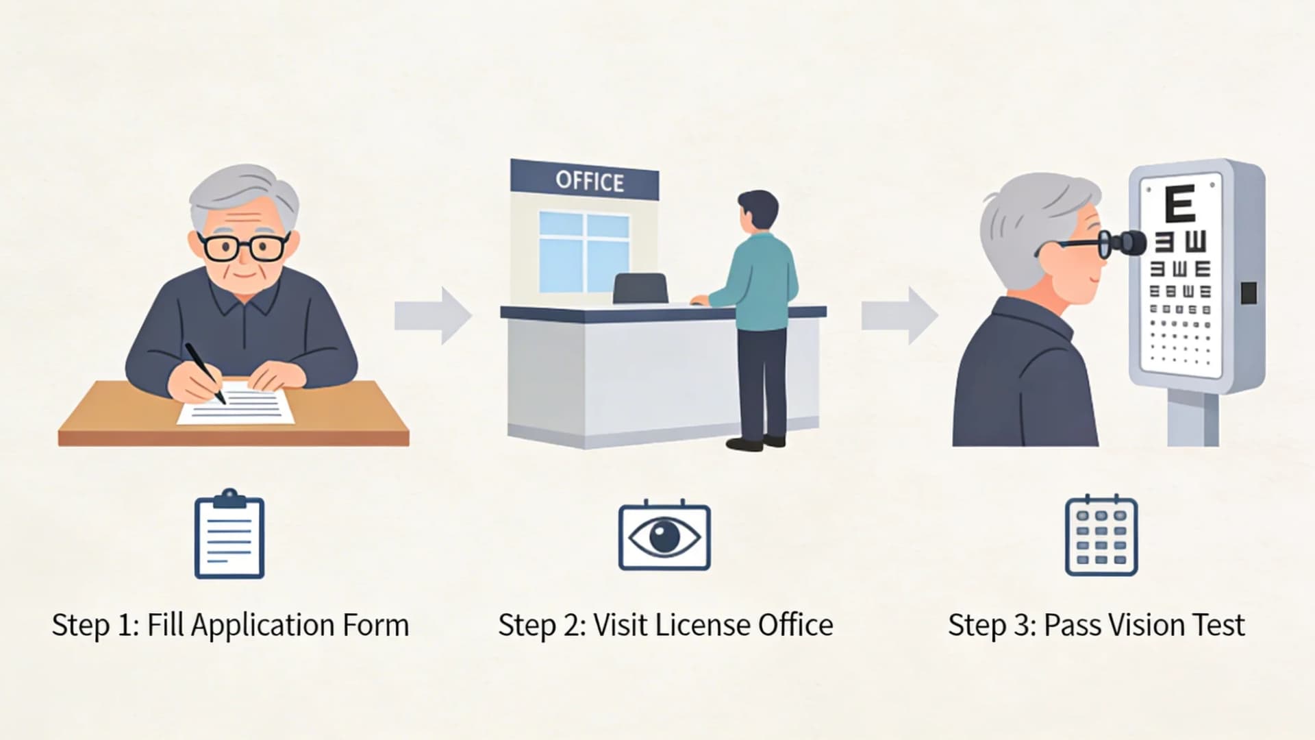Illustration of a senior driver going through license renewal steps, filling form, visiting office, passing vision test