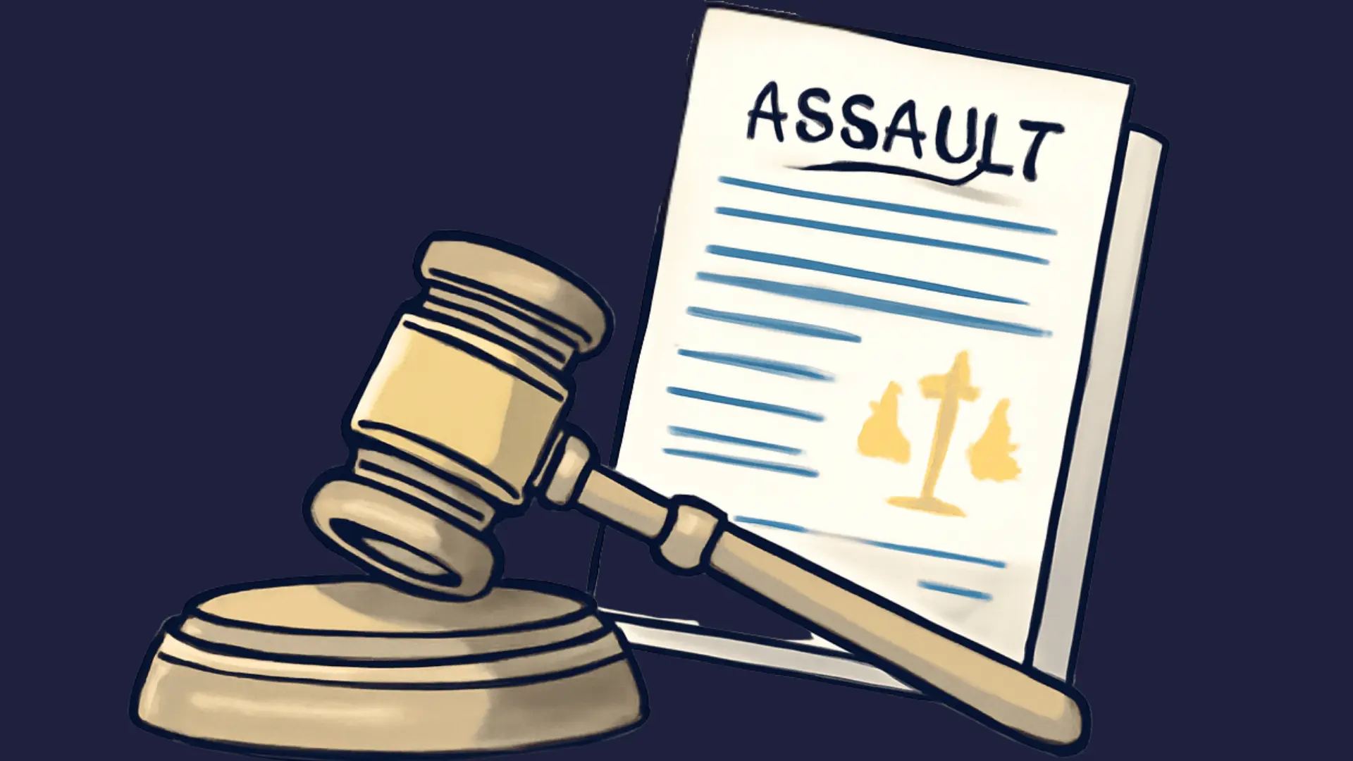Illustration of a wooden gavel resting beside a legal document labeled _Assault,_ conveying a theme of law and justice. The tone is serious and formal