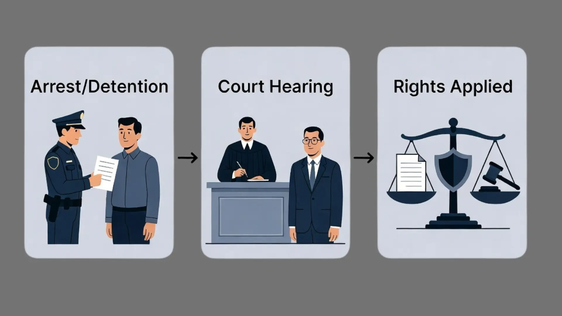 Illustration of arrest, court hearing, and rights applied with police, judge, and scales of justice icons