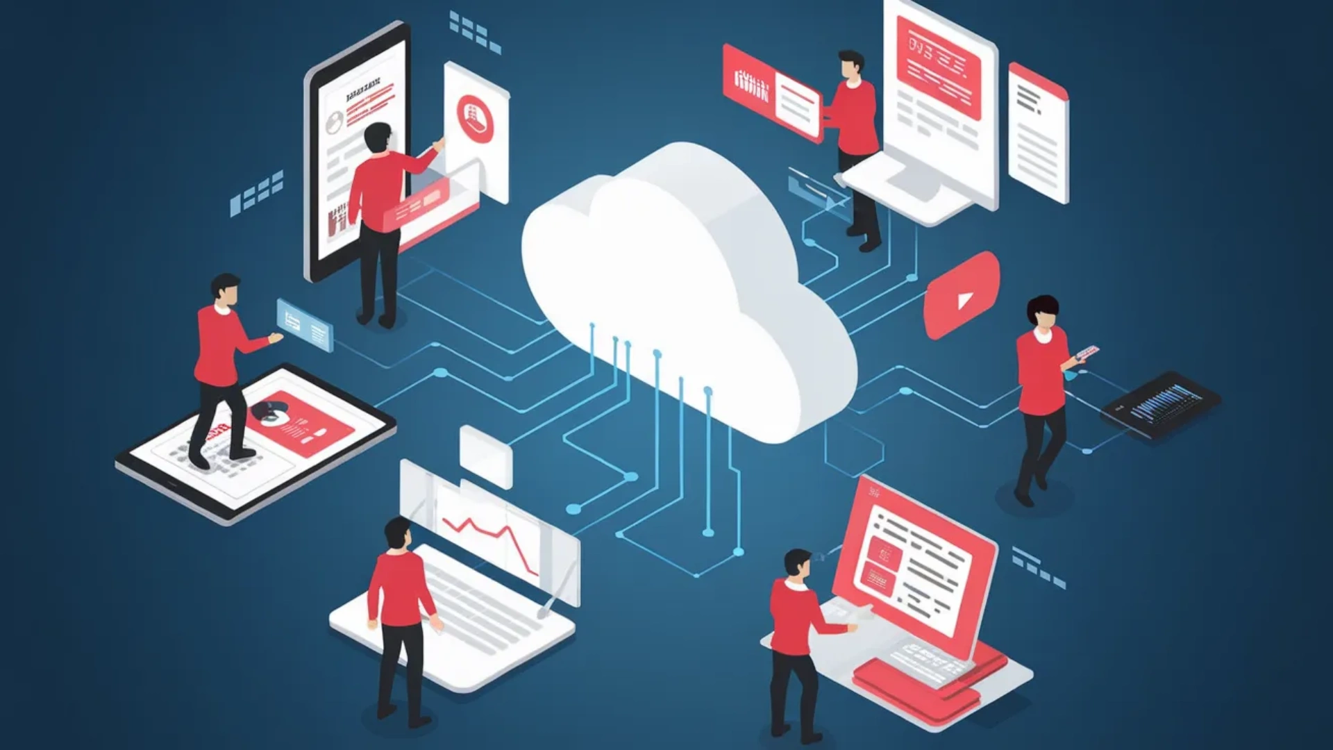 Illustration of cloud computing network with users accessing data across connected devices and digital platforms