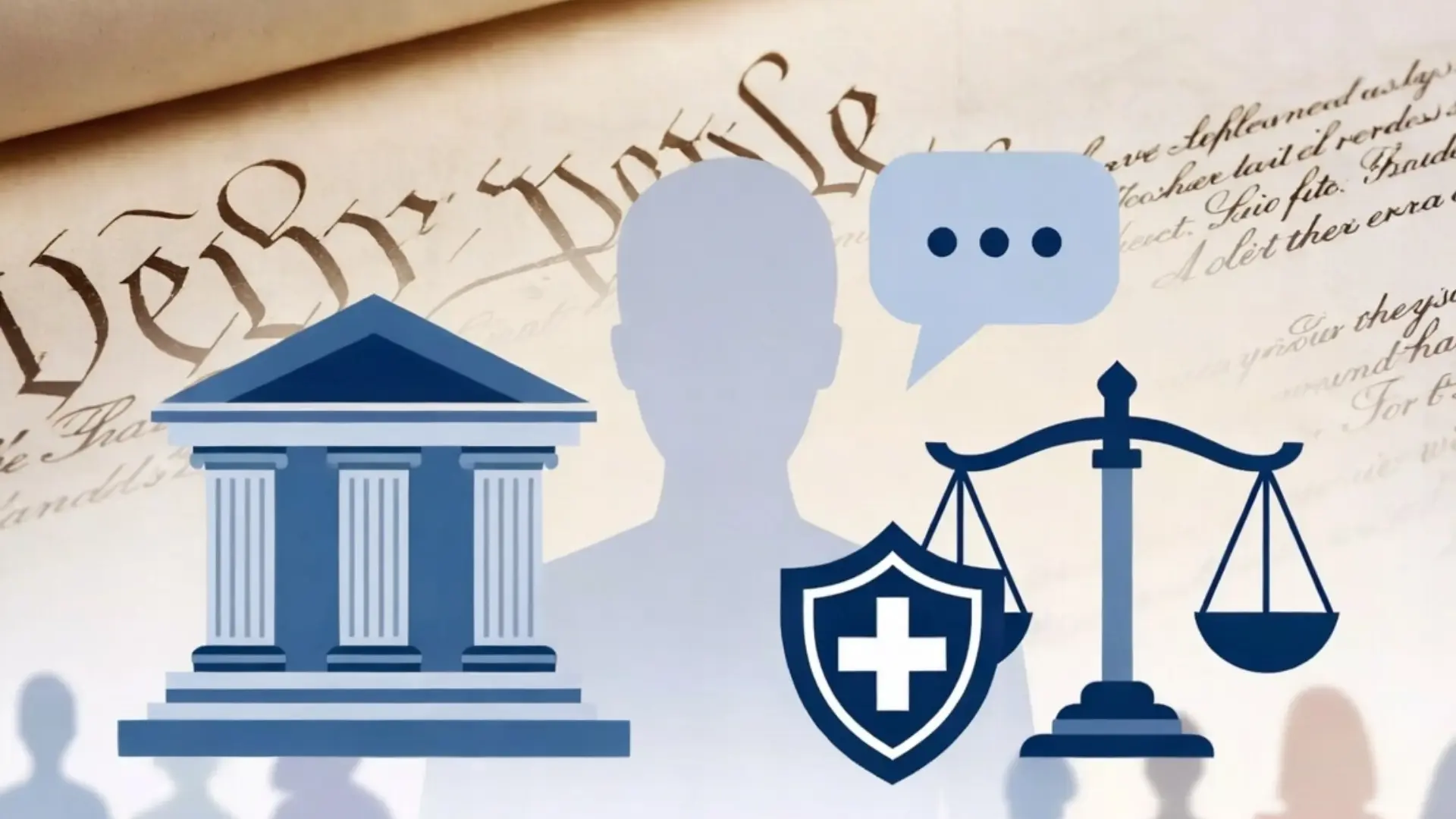 Illustration of legal rights with courthouse, person, speech bubble, shield, and scales over Constitution background (1)
