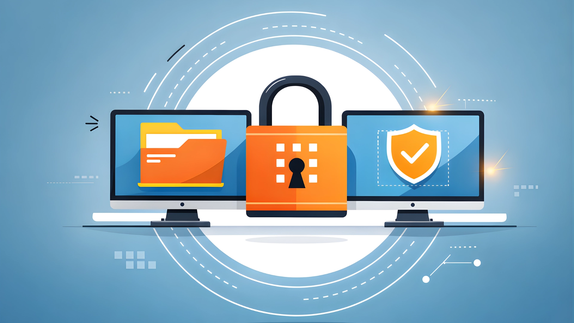Illustration of sharing information on padlock between two monitors with folder and shield icons on blue tech background