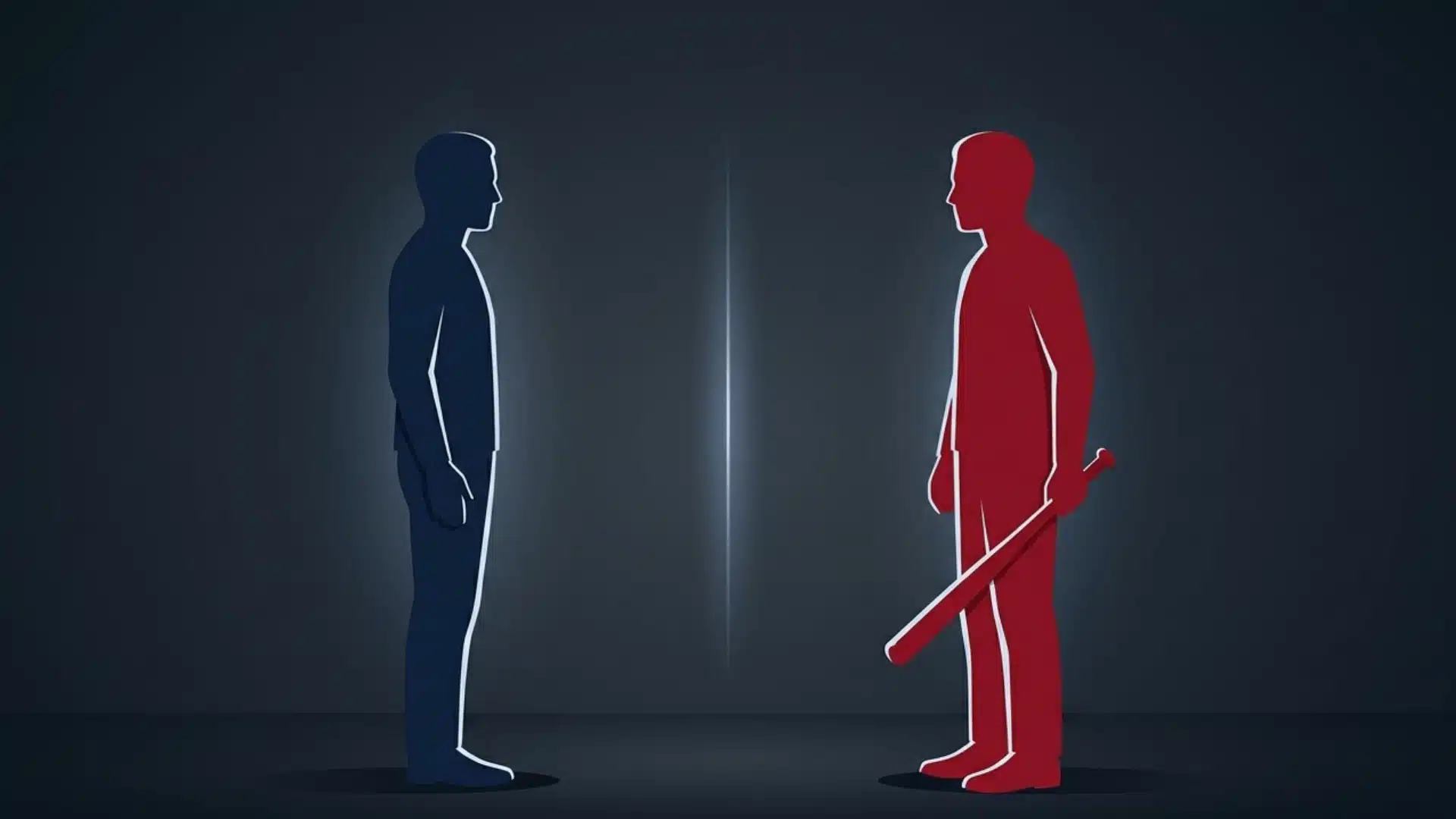 Illustration of two figures facing off, one holding a bat, representing assault vs aggravated assault