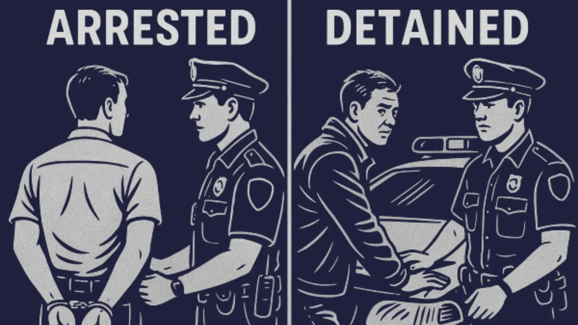 Illustration showing two panels. Left A person is handcuffed by a police officer, labeled _Arrested._ Right A person stands by a police car, labeled _Detained._