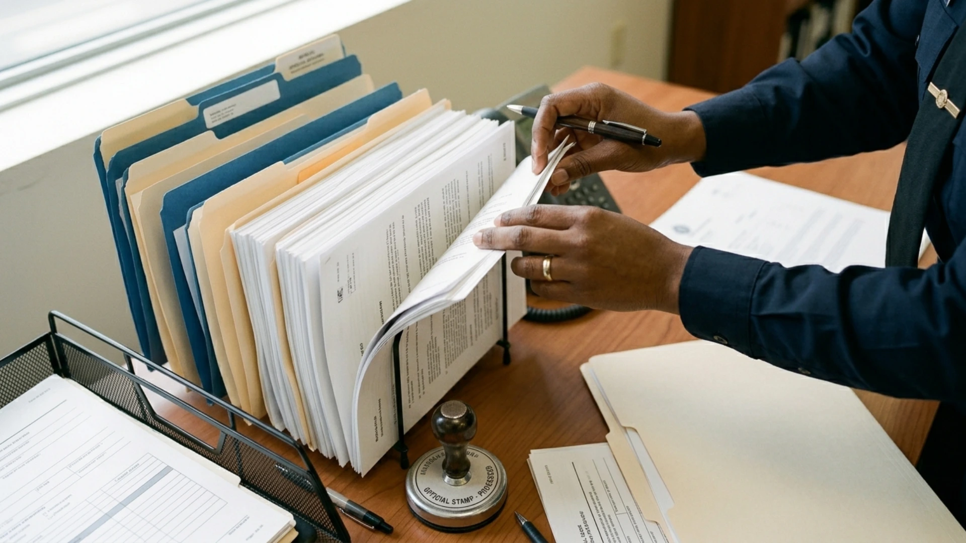Image of documents kept on table getting checked