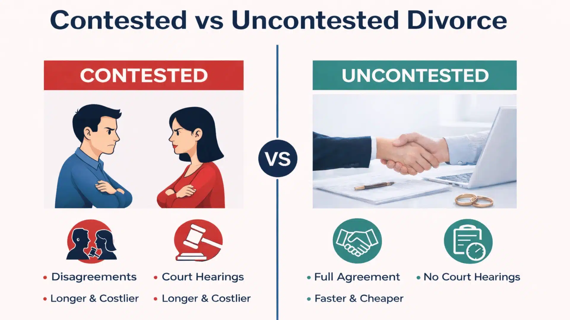 Infographic comparing contested vs uncontested divorce with icons, animated couple conflict, and agreement handshake visuals