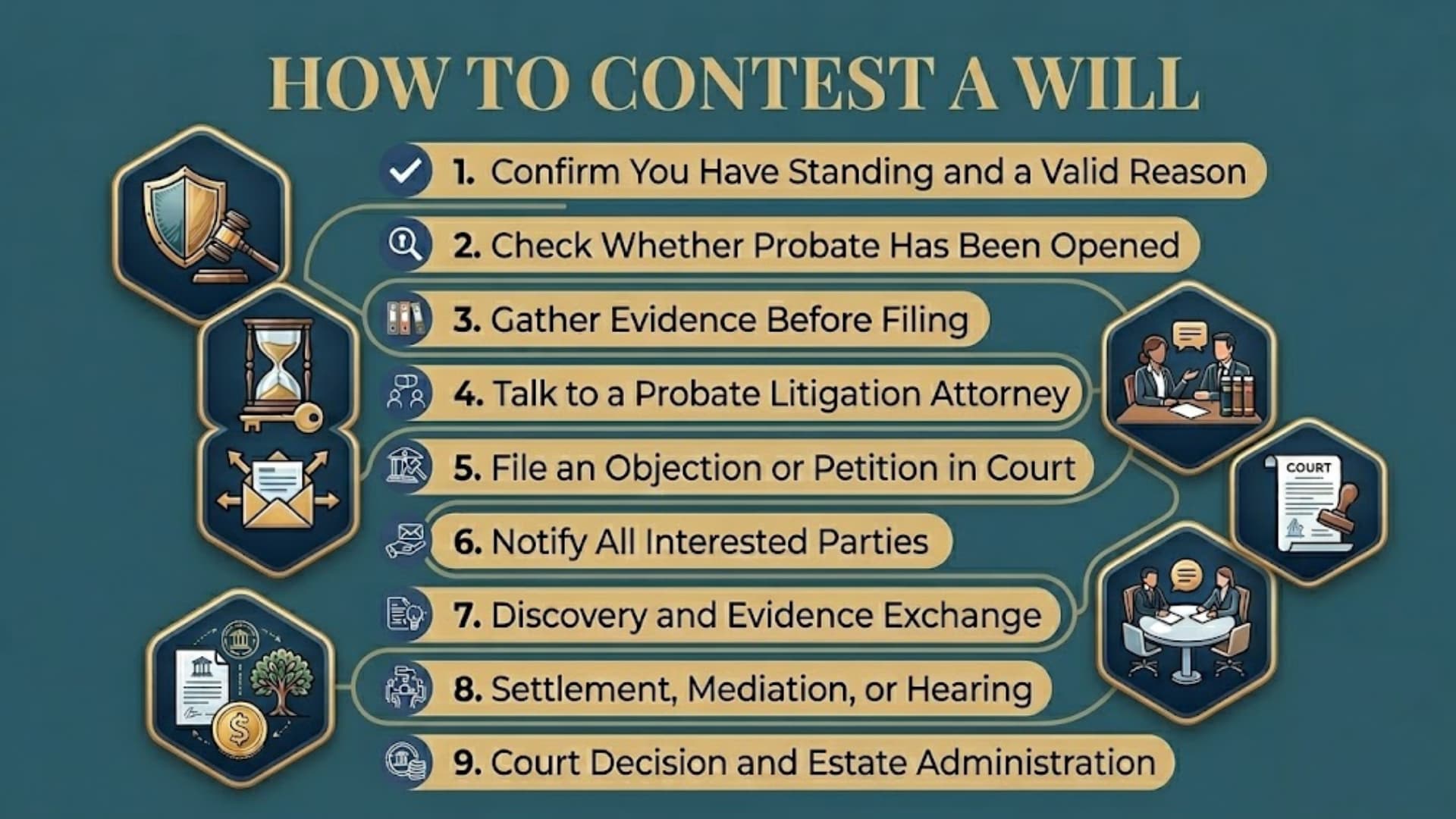 Infographic image showing steps to contest a will, including filing, evidence, attorney help, and court process