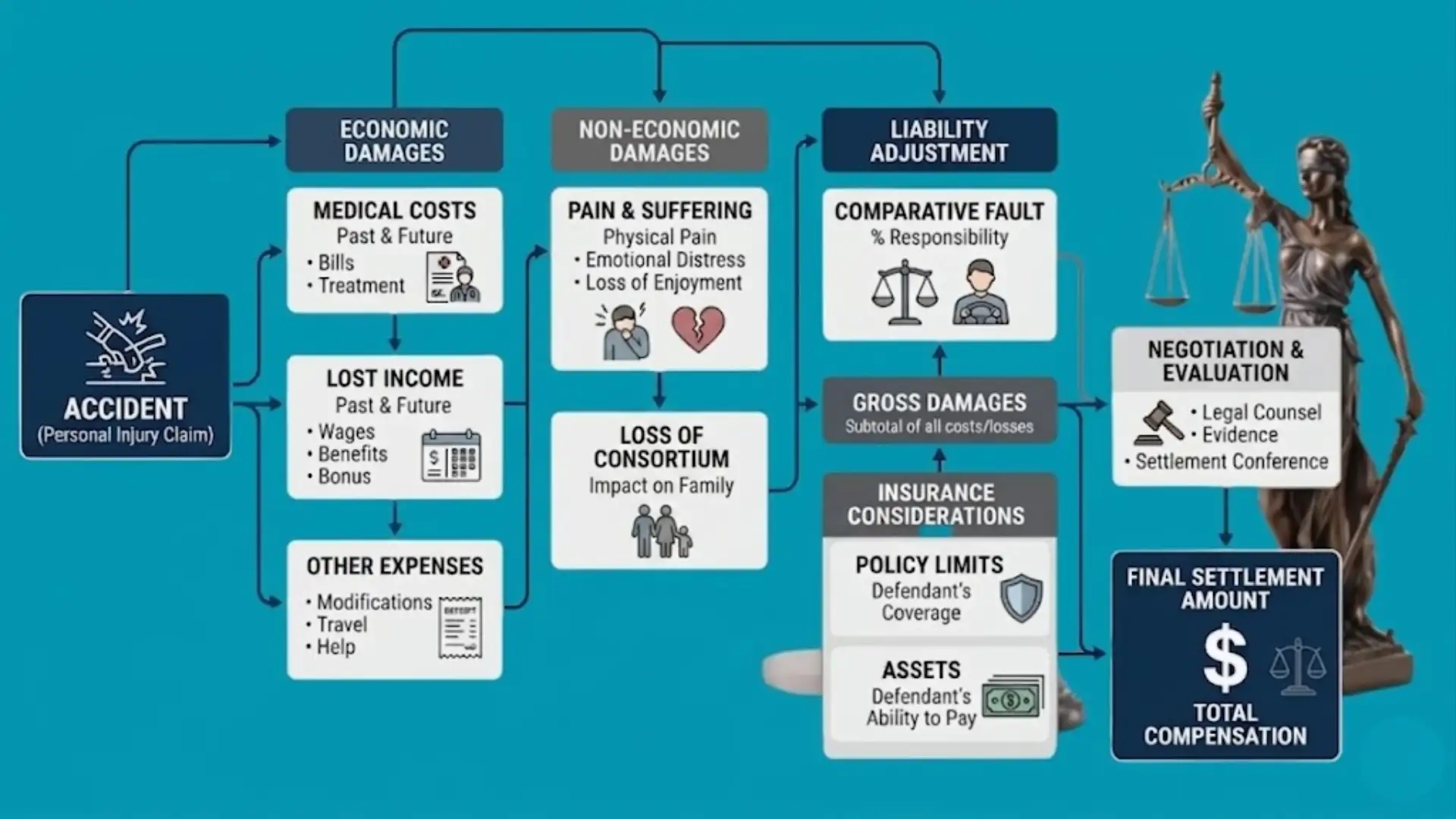 Infographic of personal injury claim damages, costs, liability, insurance, and final settlement calculation