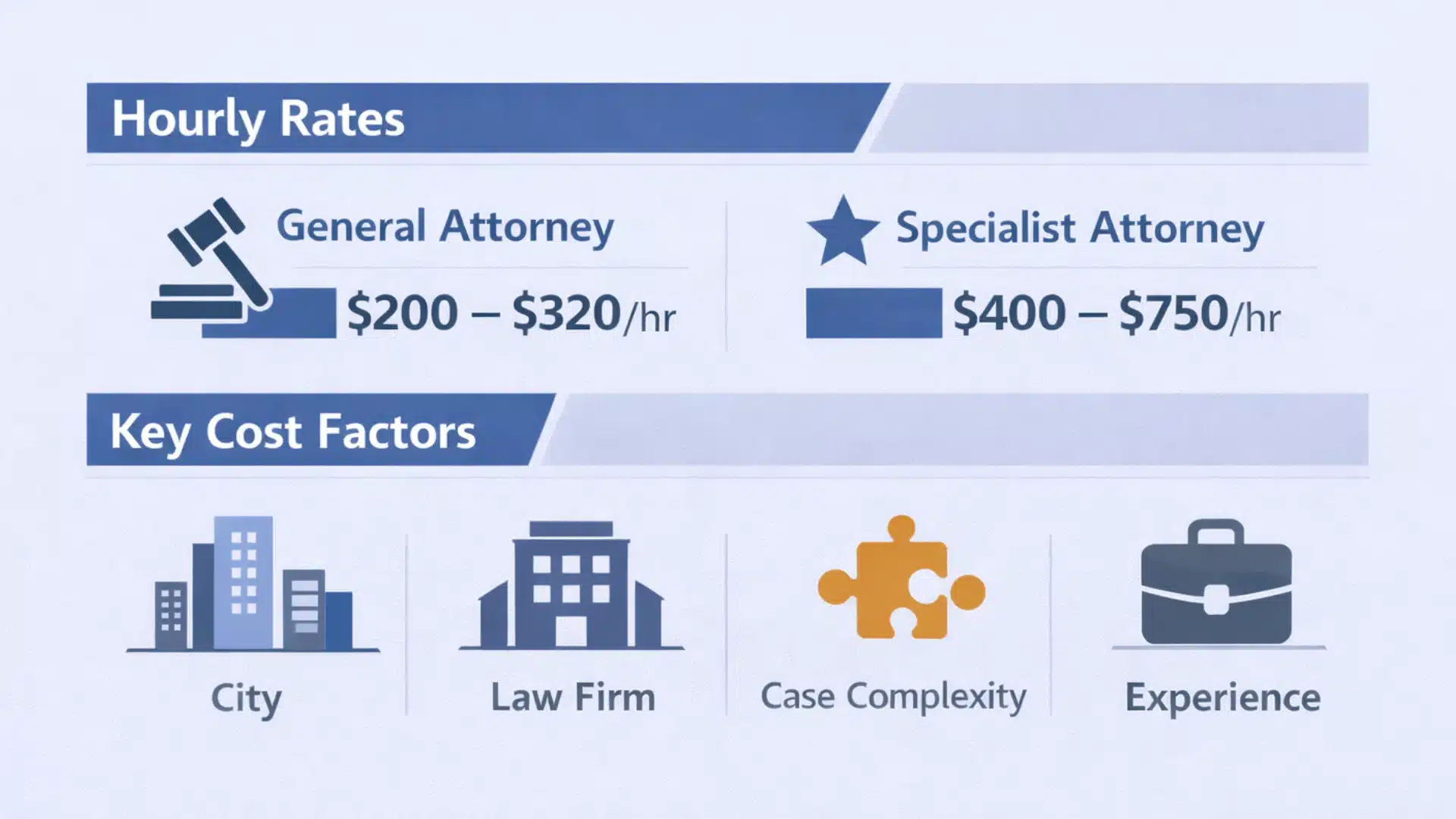 Infographic showing Texas divorce lawyer hourly rates and key cost factors like city, law firm, complexity, and experience