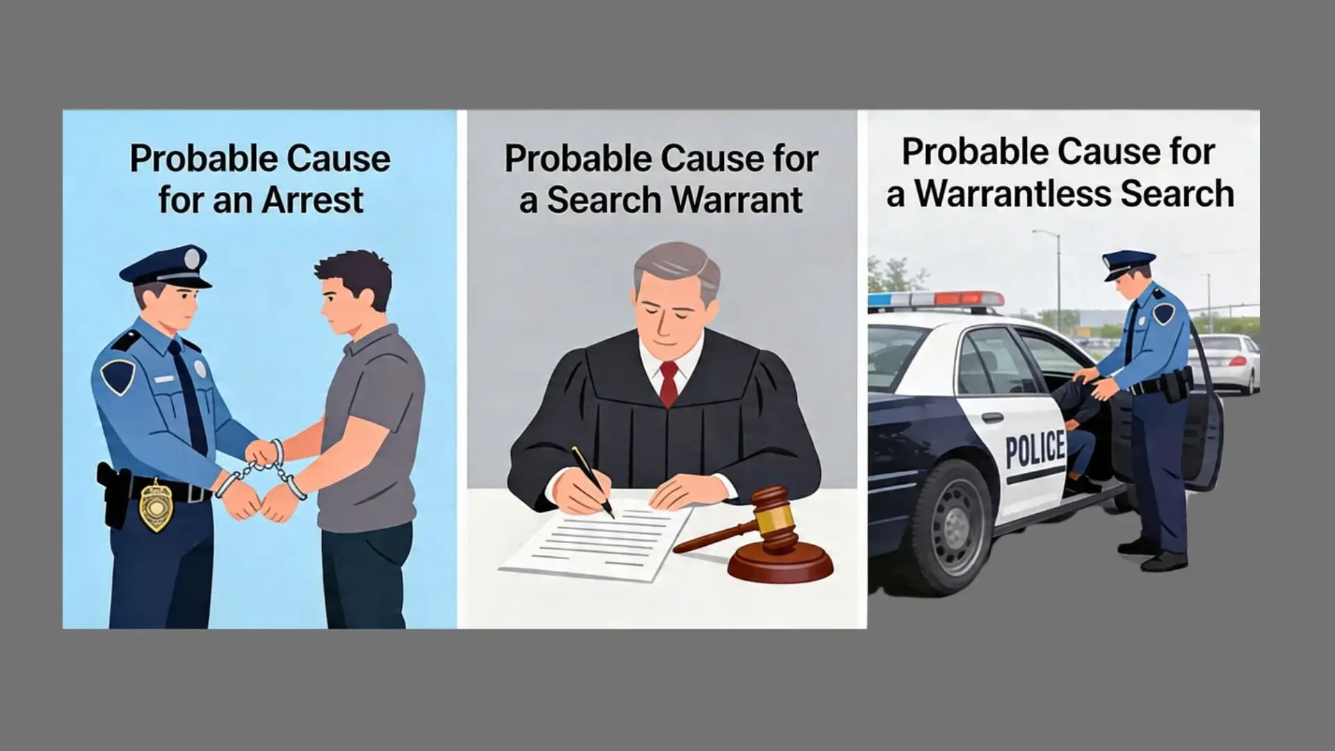 Infographic showing probable cause examples arrest, search warrant, and warrantless police search scenarios