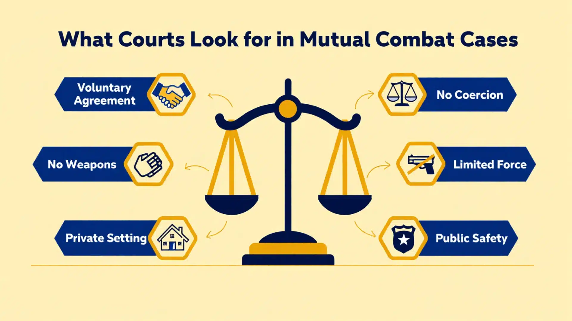 Infographic showing what courts look for in mutual combat cases inclduing six elements of mutual combat
