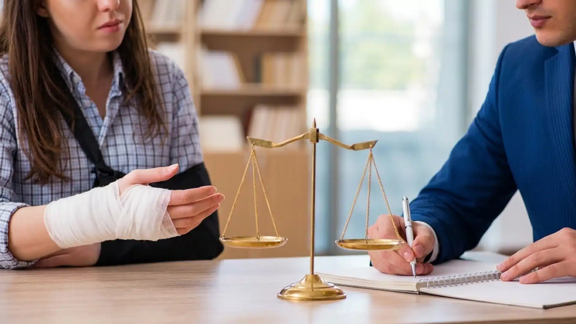 Injured woman with bandaged arm consulting lawyer at desk with justice scale about personal injury claim
