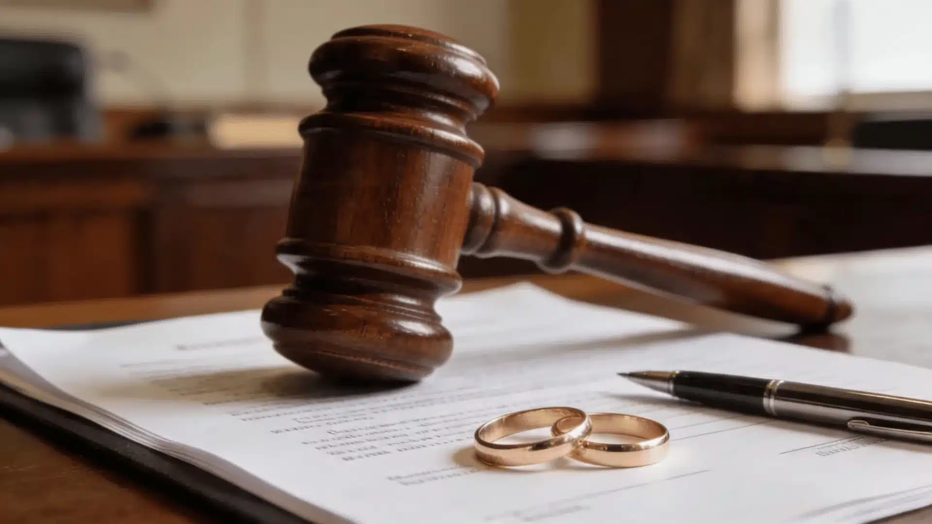 Judge’s gavel resting on divorce papers on a wooden desk, symbolizing legal costs and attorney fees