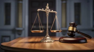 Justice scale and judge gavel on wooden table inside courtroom, symbolizing law, justice, and legal consequences