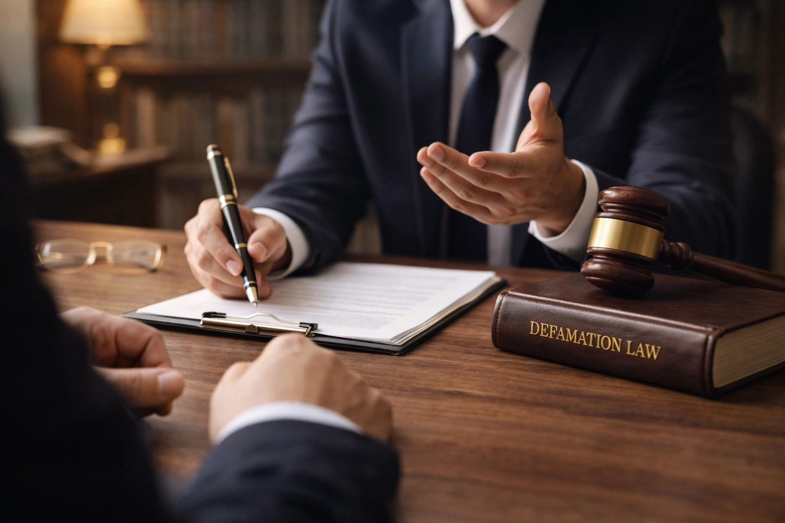 Lawyer consulting client at desk with defamation law book and wooden gavel during legal advice session on law and rights