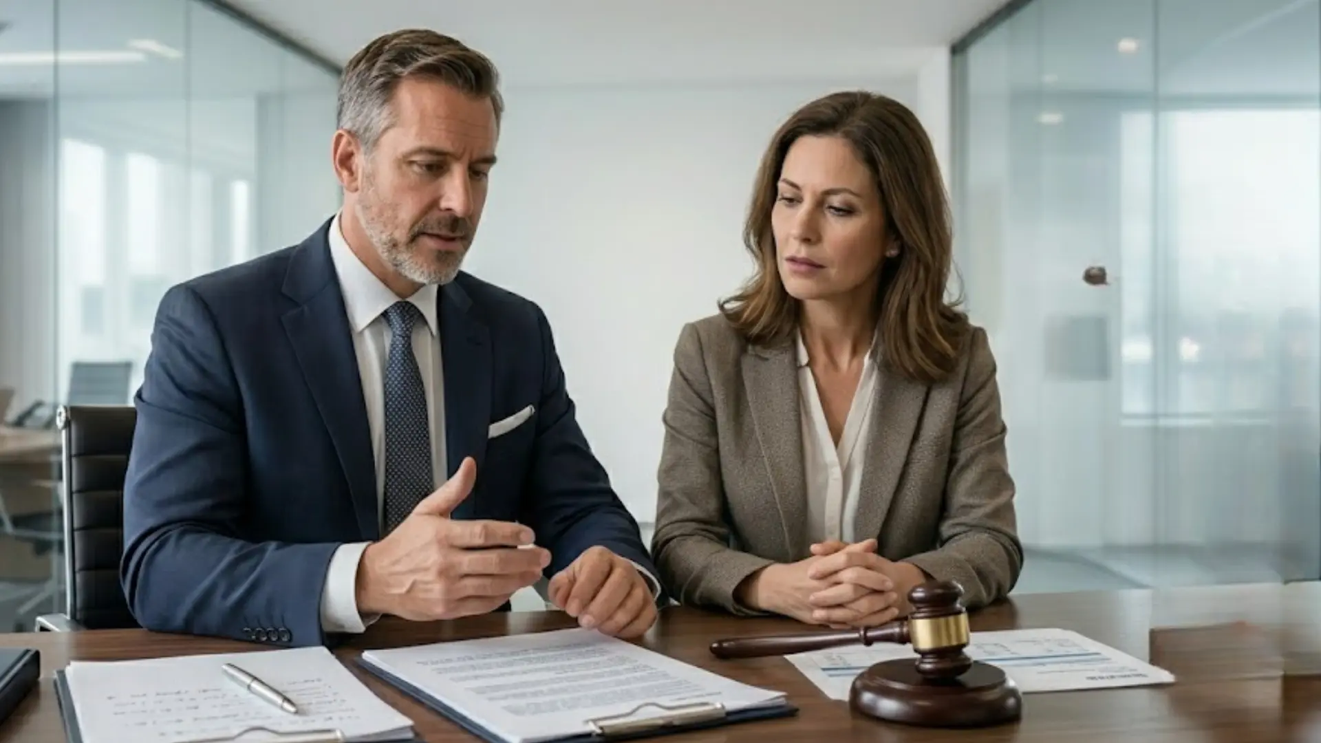 Lawyer explaining legal documents to a client at desk with gavel and Lady Justice statue in modern office