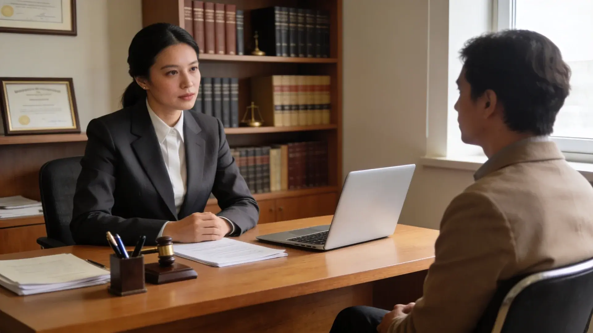 Lawyer meeting with a client at a desk in a legal office with bookshelves, laptop, and documents during a legal consultation