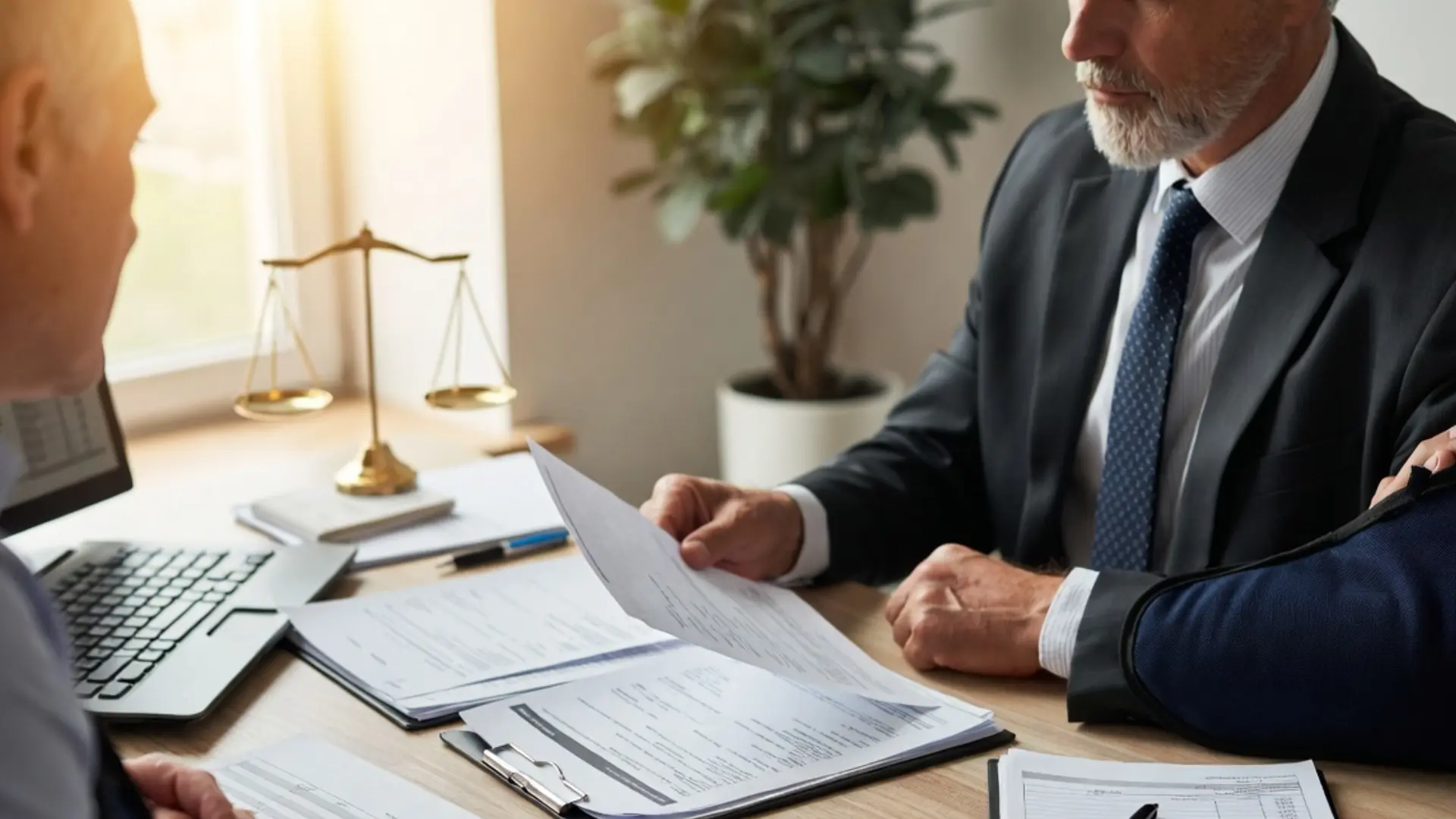 Lawyer reviewing documents with a client at a desk, calculator and paperwork visible, justice scale in background