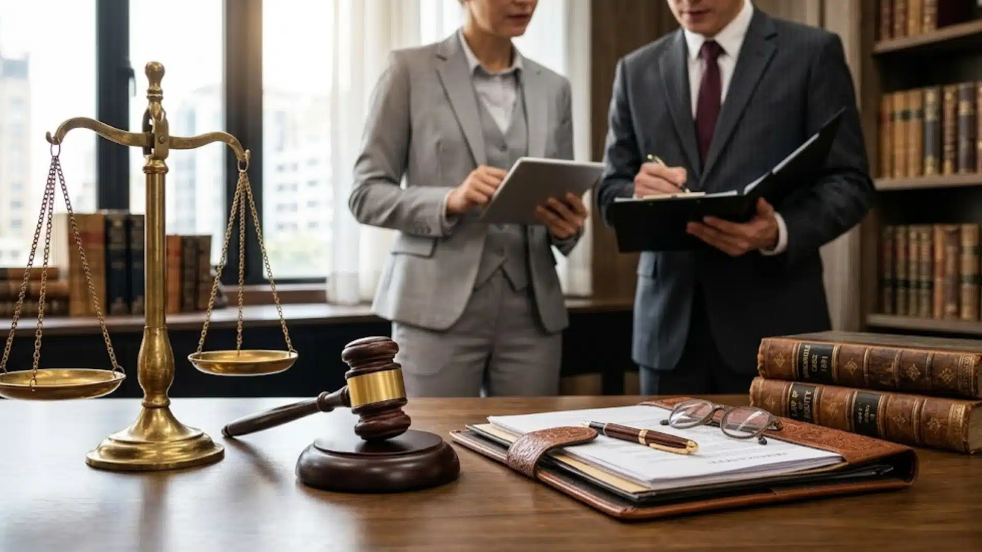 Lawyers reviewing documents in office with legal books, gavel, and scales of justice on desk in foreground