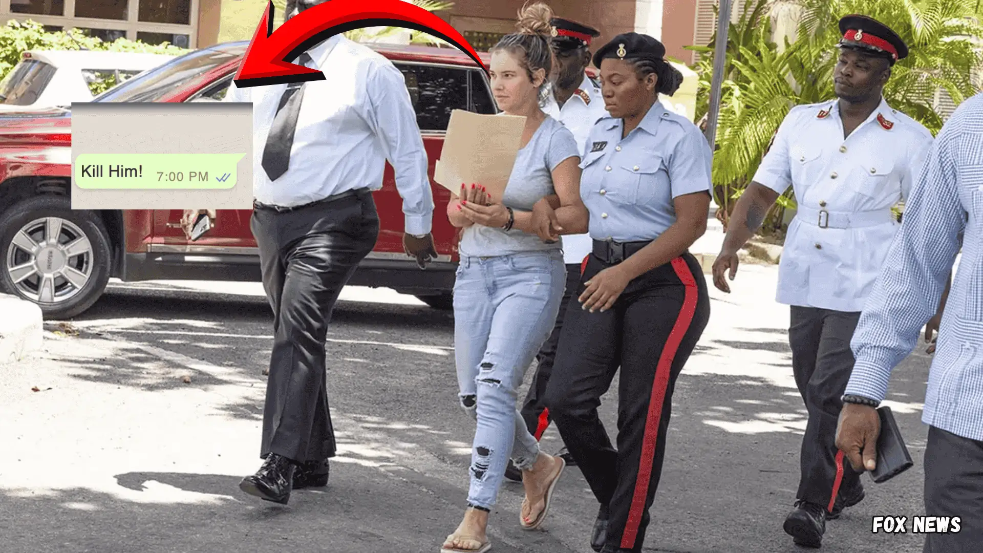 Lindsay Shiver escorted by police in the Bahamas with WhatsApp message overlay linked to alleged murder for hire plot
