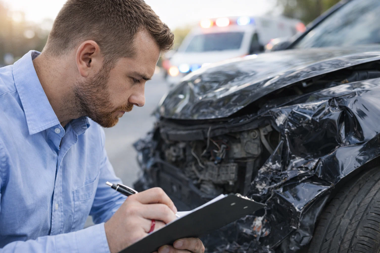 Man documenting vehicle damage after crash with police lights in background