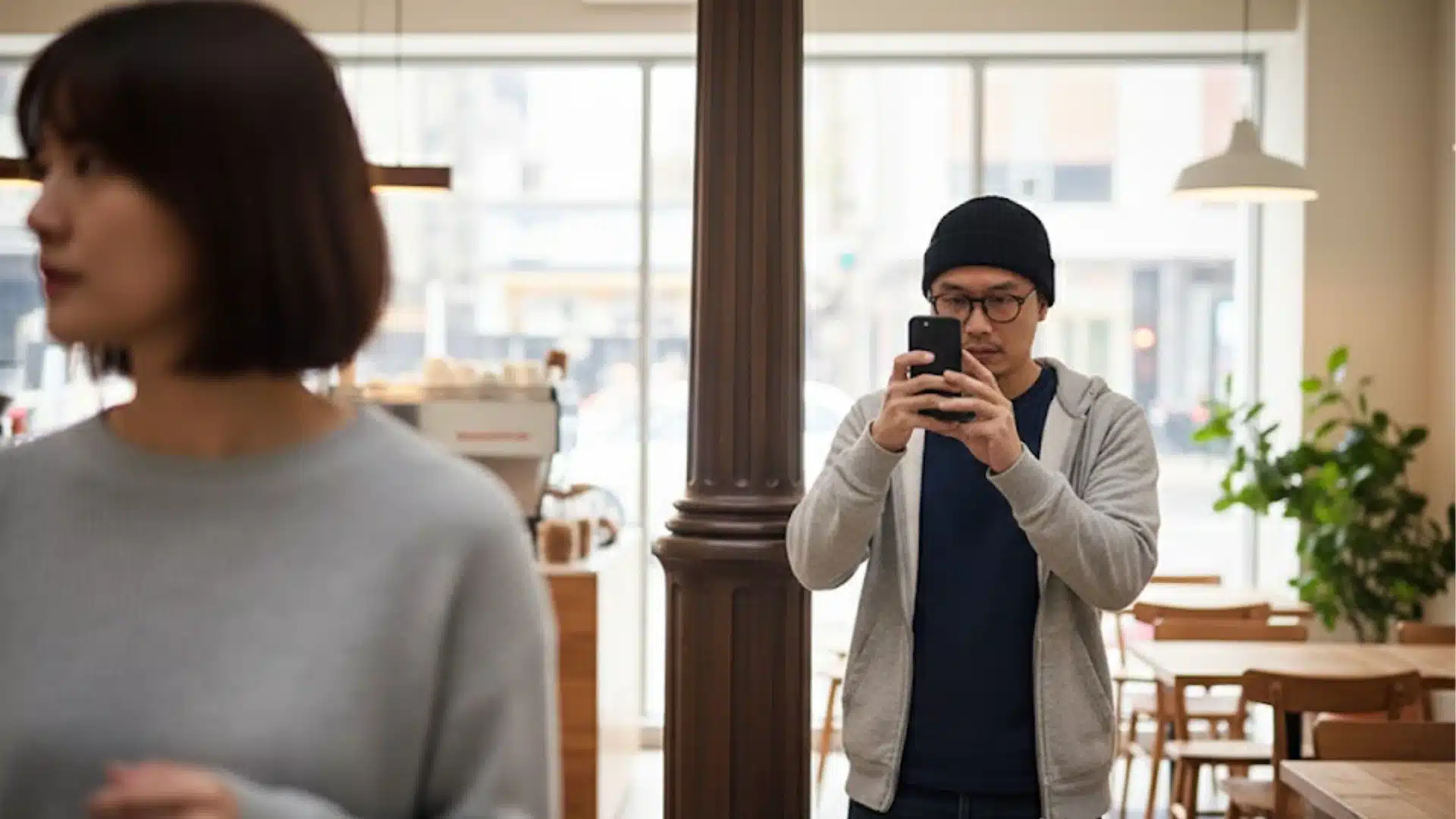 Man secretly taking photo of woman with smartphone in cafe, illustrating voyeurism crime and privacy violation scenario