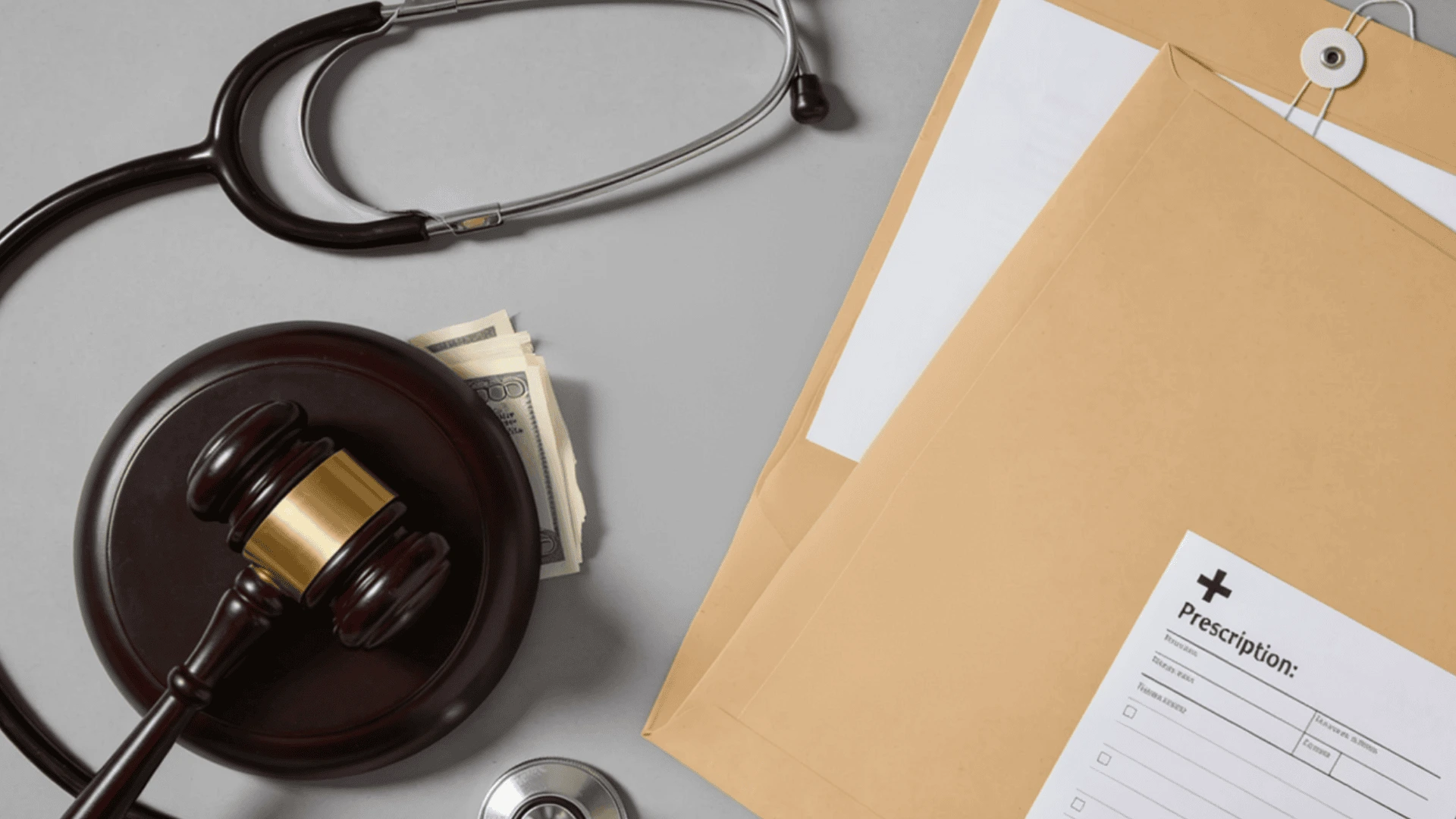 Medical malpractice concept with gavel, medical files, stethoscope, and cash representing settlement and legal claims