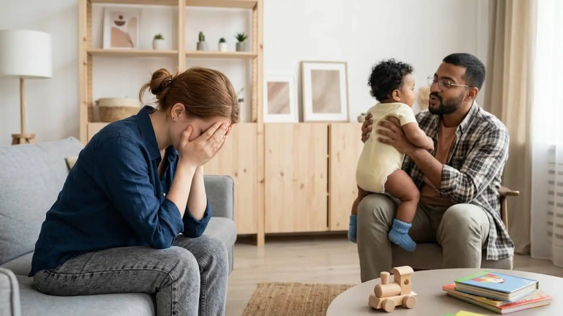 Mother sitting with face covered in distress while father holds baby, showing tension during family separation at home