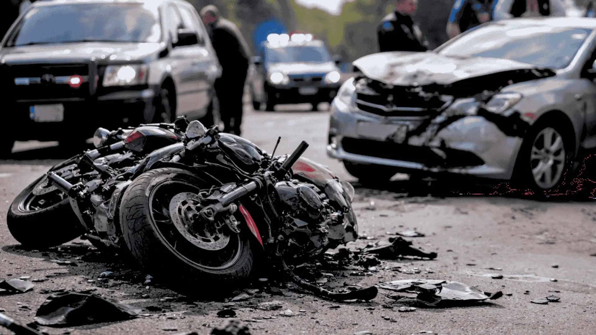 Motorcycle crash scene with damaged bike injured rider on road