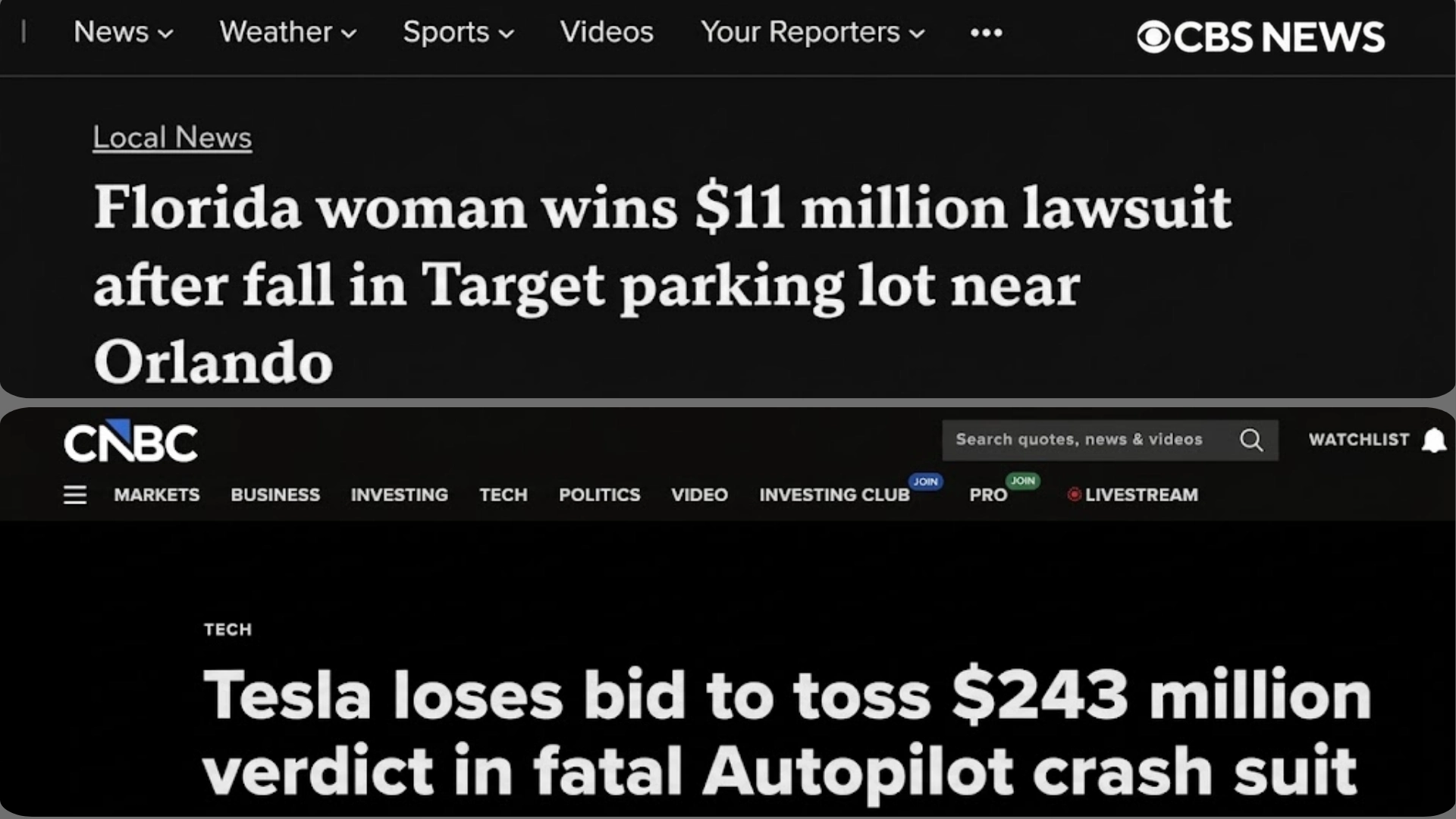 News headlines showing $11M slip and fall lawsuit and $243M Tesla Autopilot verdict in personal injury cases