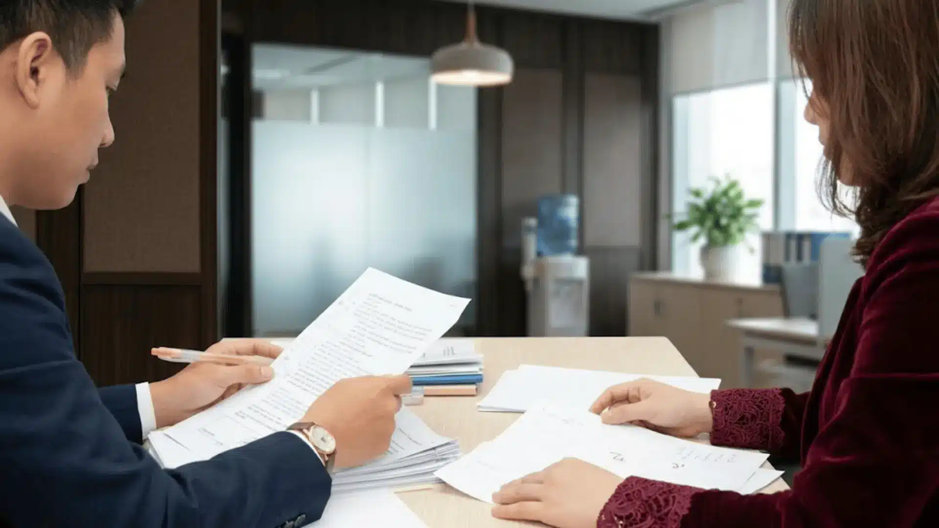 POV shot of two people in formal wear reviewing and signing papers on a light wood desk in a modern office