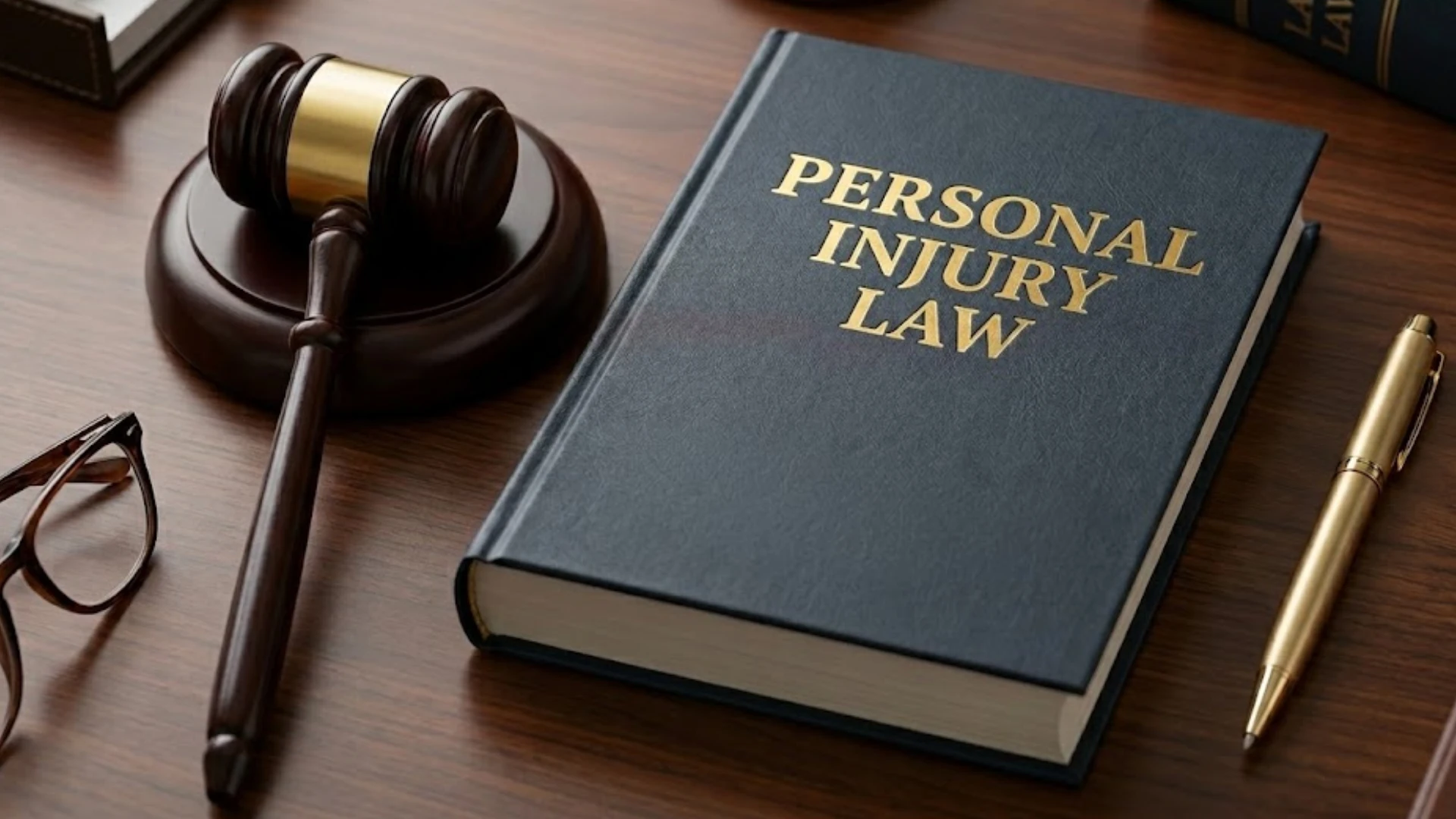 Personal injury law book with gavel, glasses, and pen on desk representing legal cases and justice