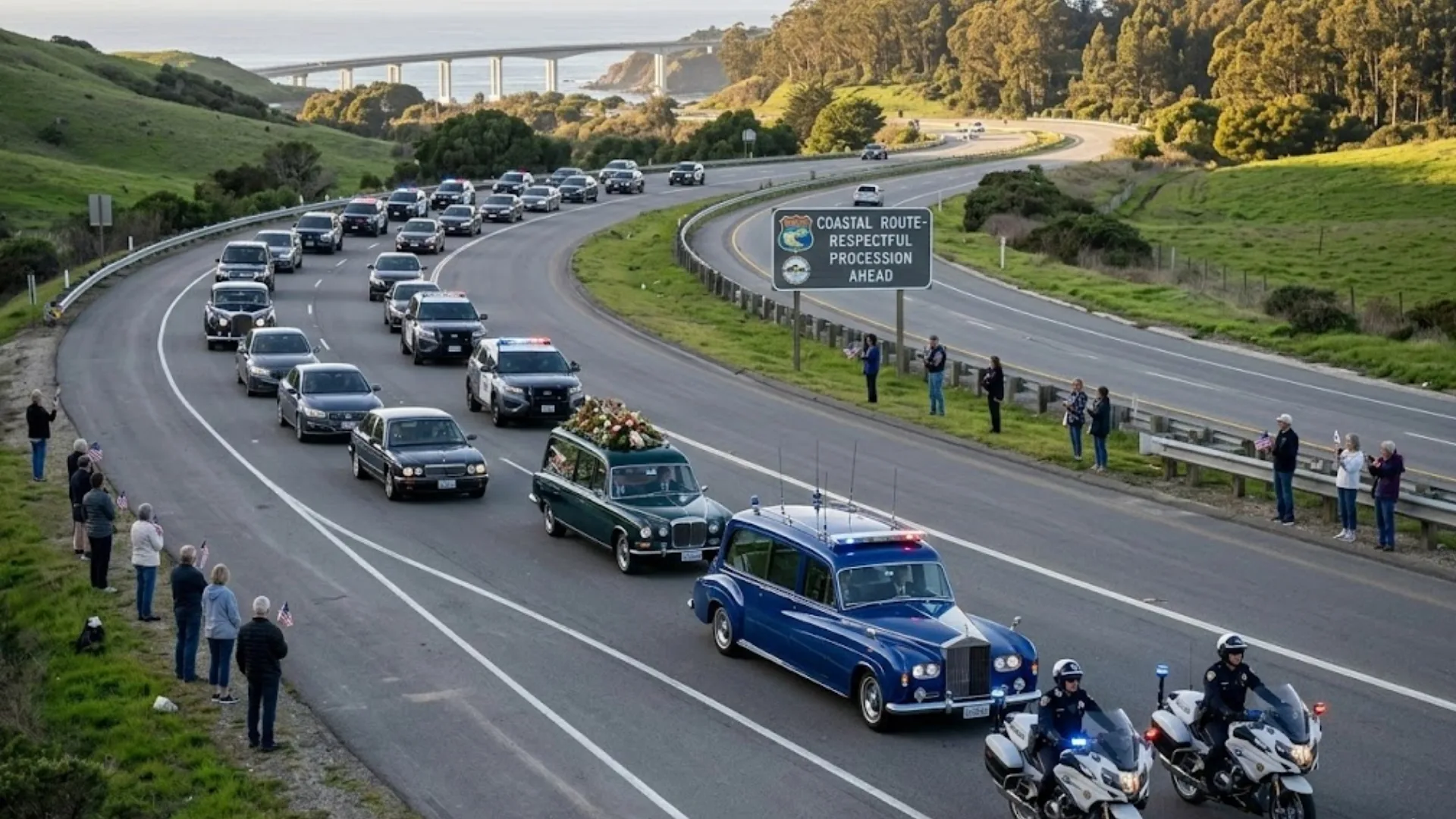 Police escorted funeral procession on coastal highway with hearse, vehicles, and onlookers standing respectfully nearby