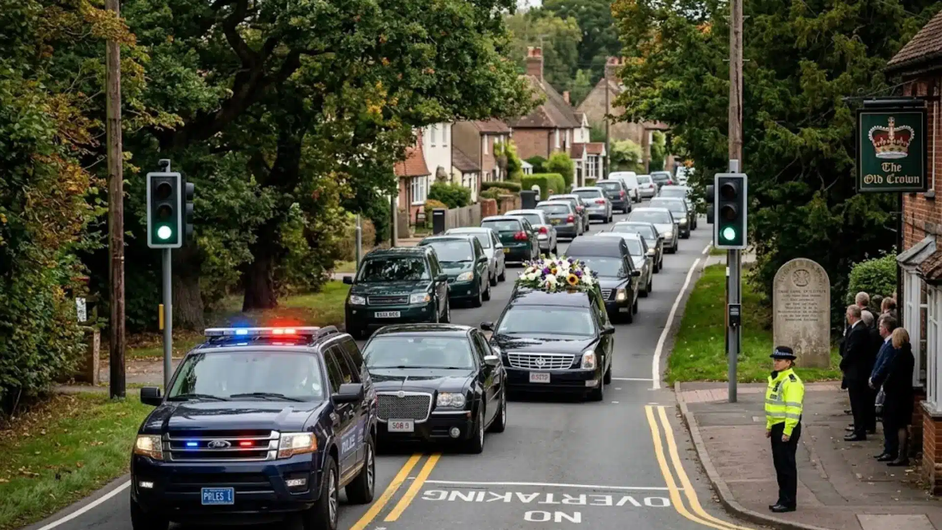 Police escorted funeral procession with hearse and vehicles moving through residential street with mourners watching nearby
