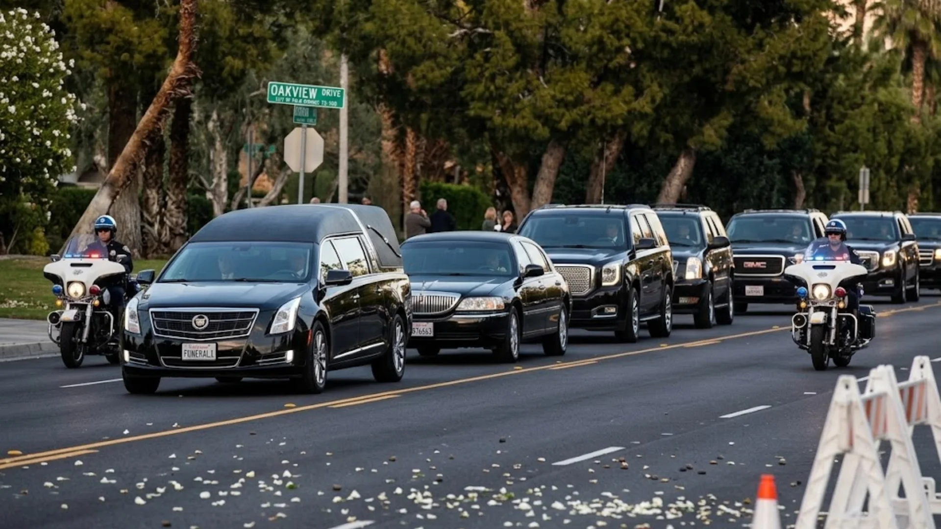 Police escorted funeral procession with hearse and vehicles traveling through city street with officers leading convoy