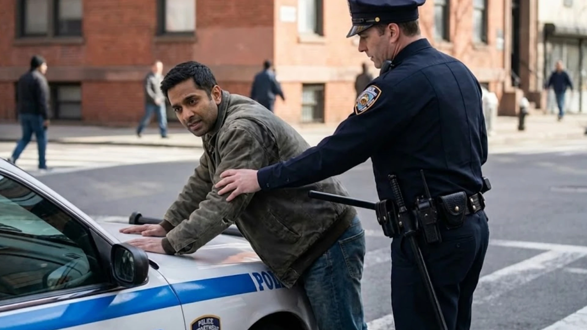 Police officer arresting a man beside a patrol car, suspect leaning on the vehicle with hands on it