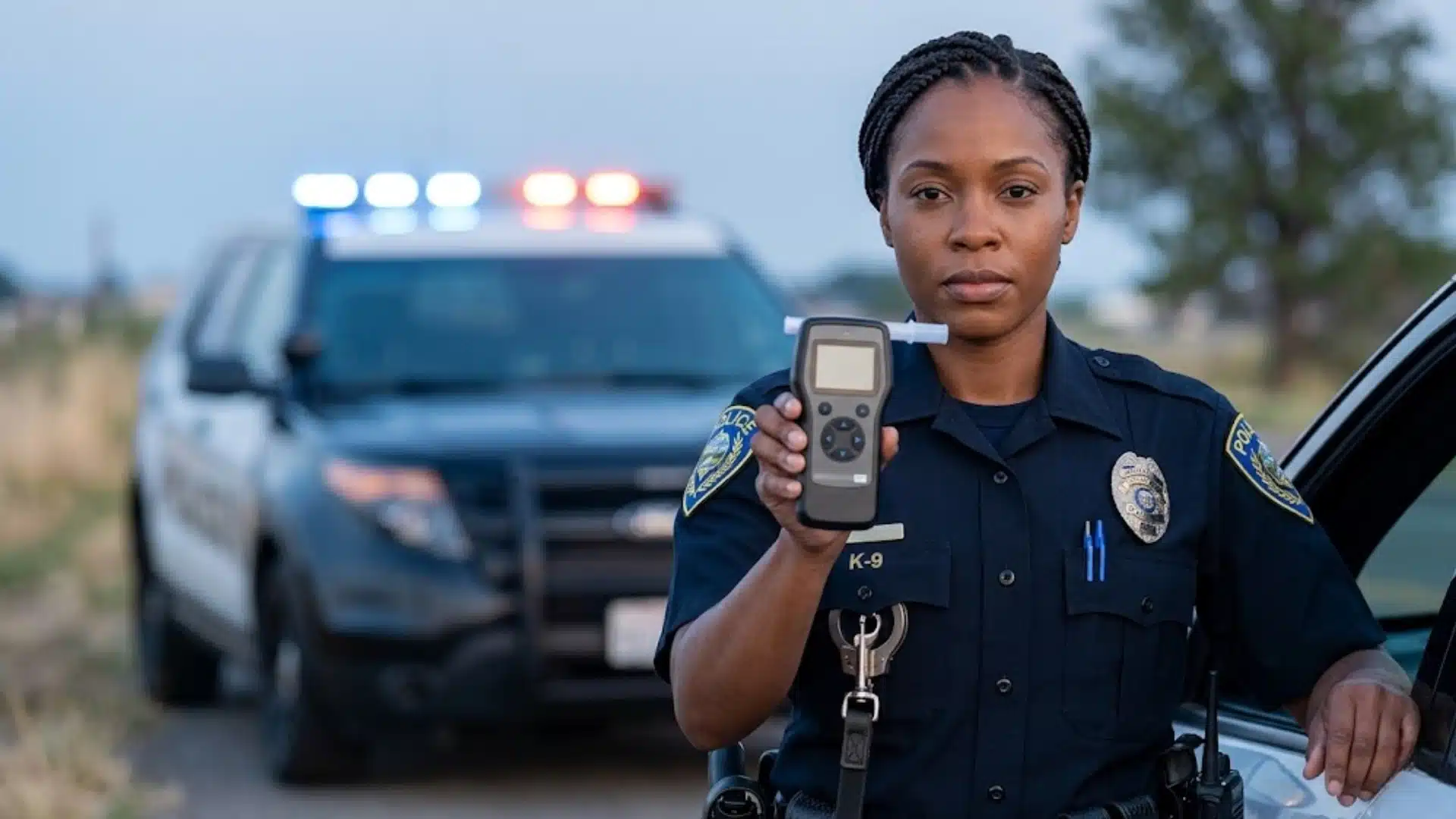 Police officer holding a breathalyzer device during a DUI stop with patrol car lights visible in background