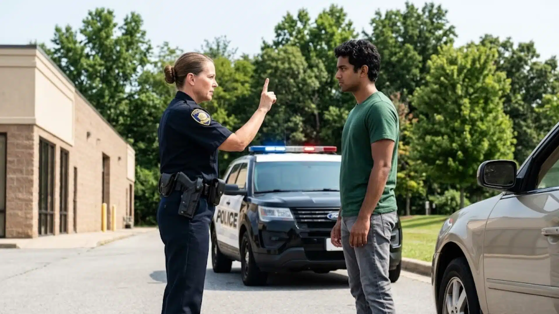 Police officer instructing driver during a roadside field sobriety test with patrol car in background