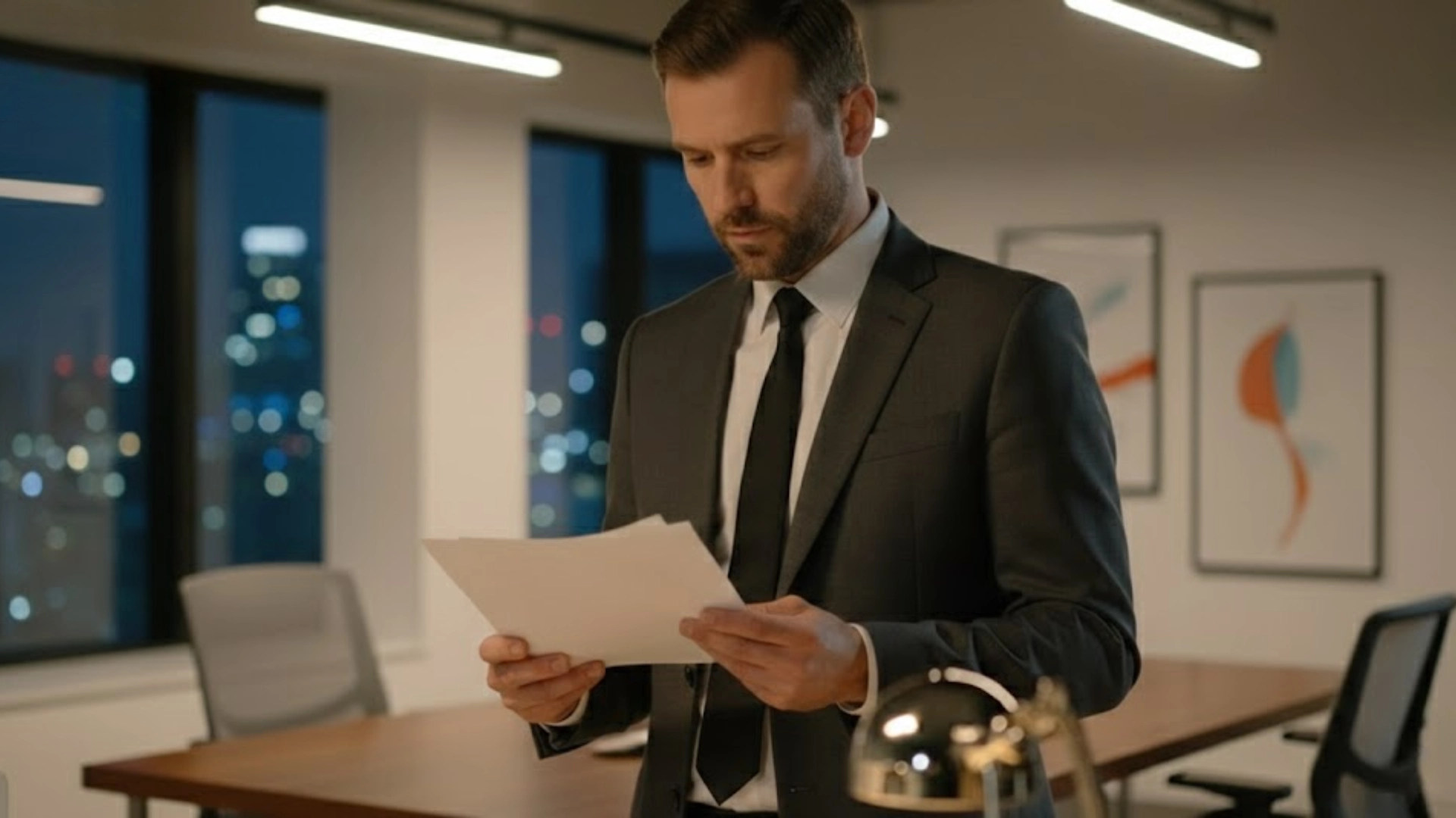 Private investigator in suit reviewing documents in modern office at night with city skyline in background