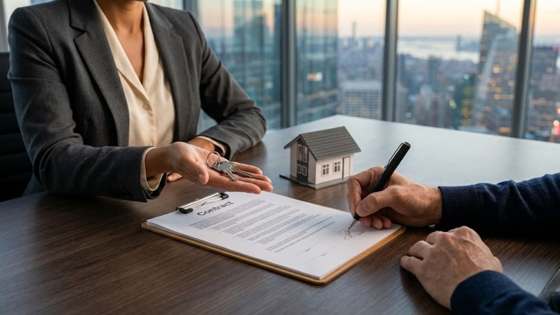 Real estate deal signing with keys exchange, contract, and house model in modern office setting