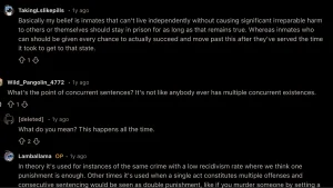 Reddit discussion explaining purpose of concurrent sentences and debates about prison sentencing in criminal law cases