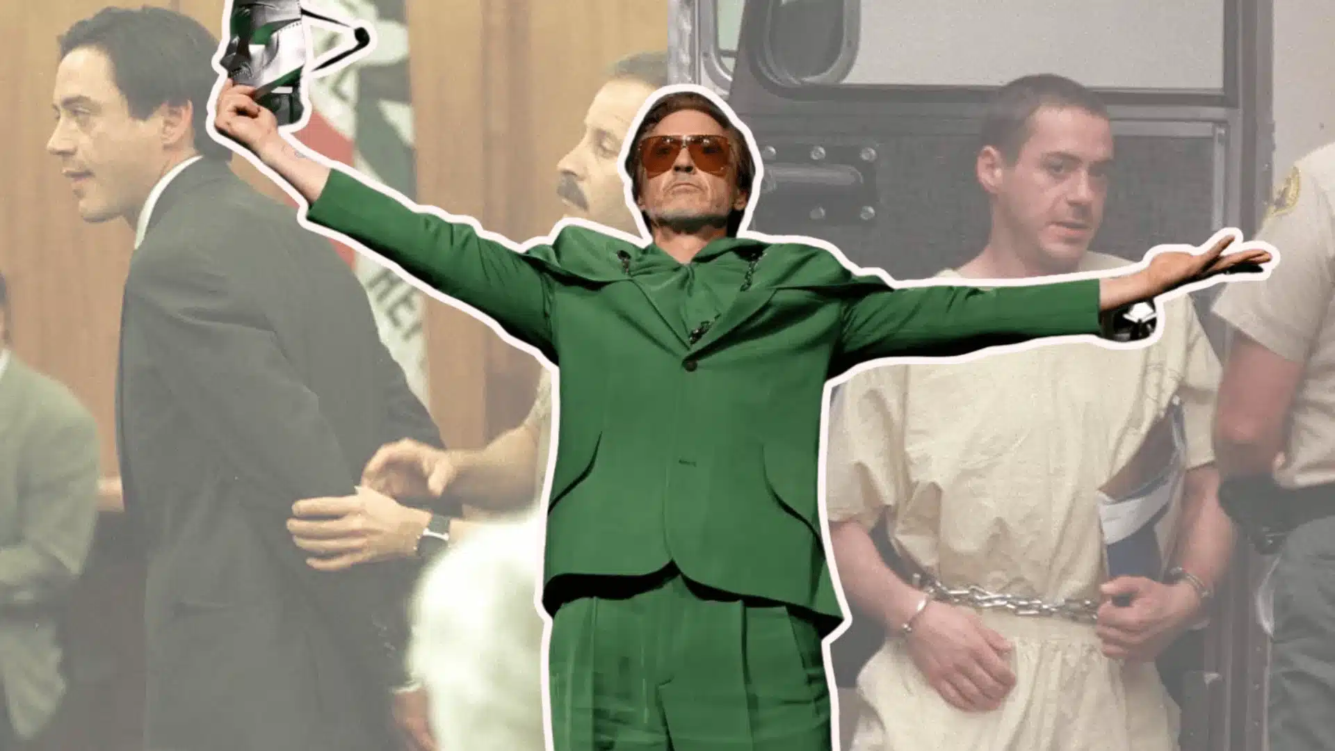 Robert Downey Jr. in a green suit holding a Dr. Doom mask, layered over photos of his past legal troubles