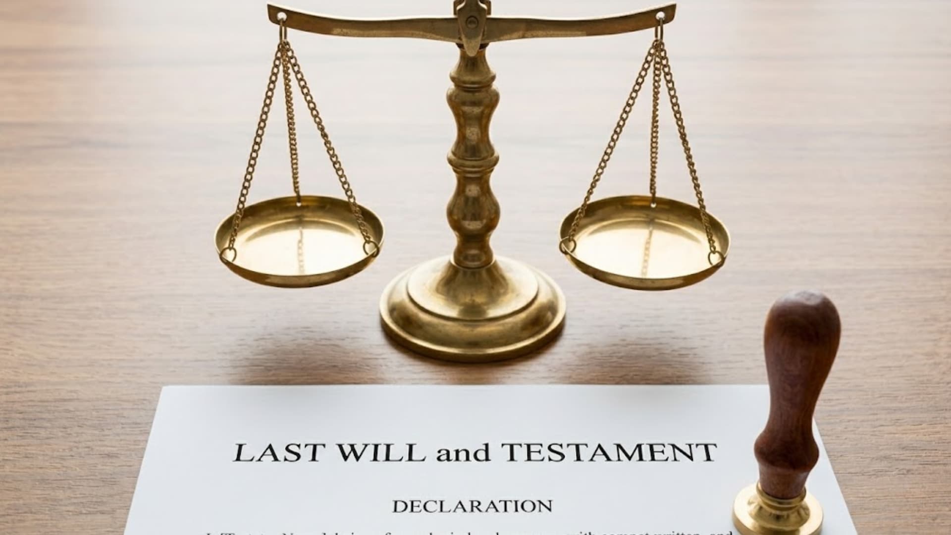 Scales of justice above a last will document with stamp, symbolizing legal review and probate process