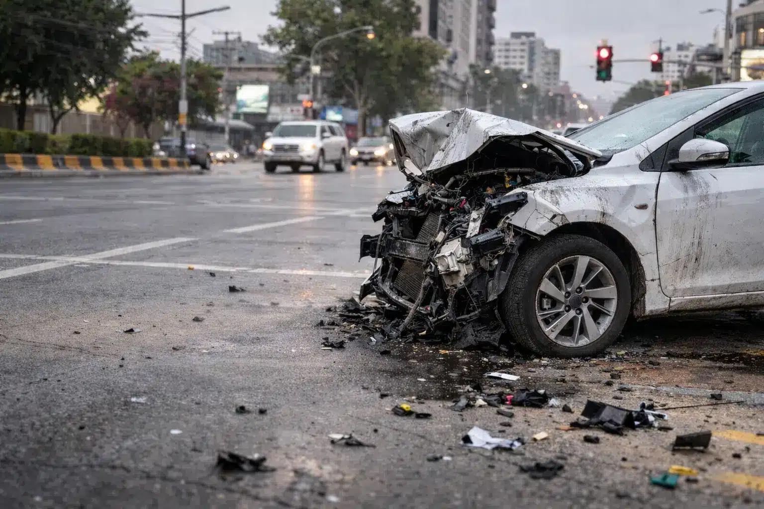 Severely damaged car after front end collision at city intersection with debris on road