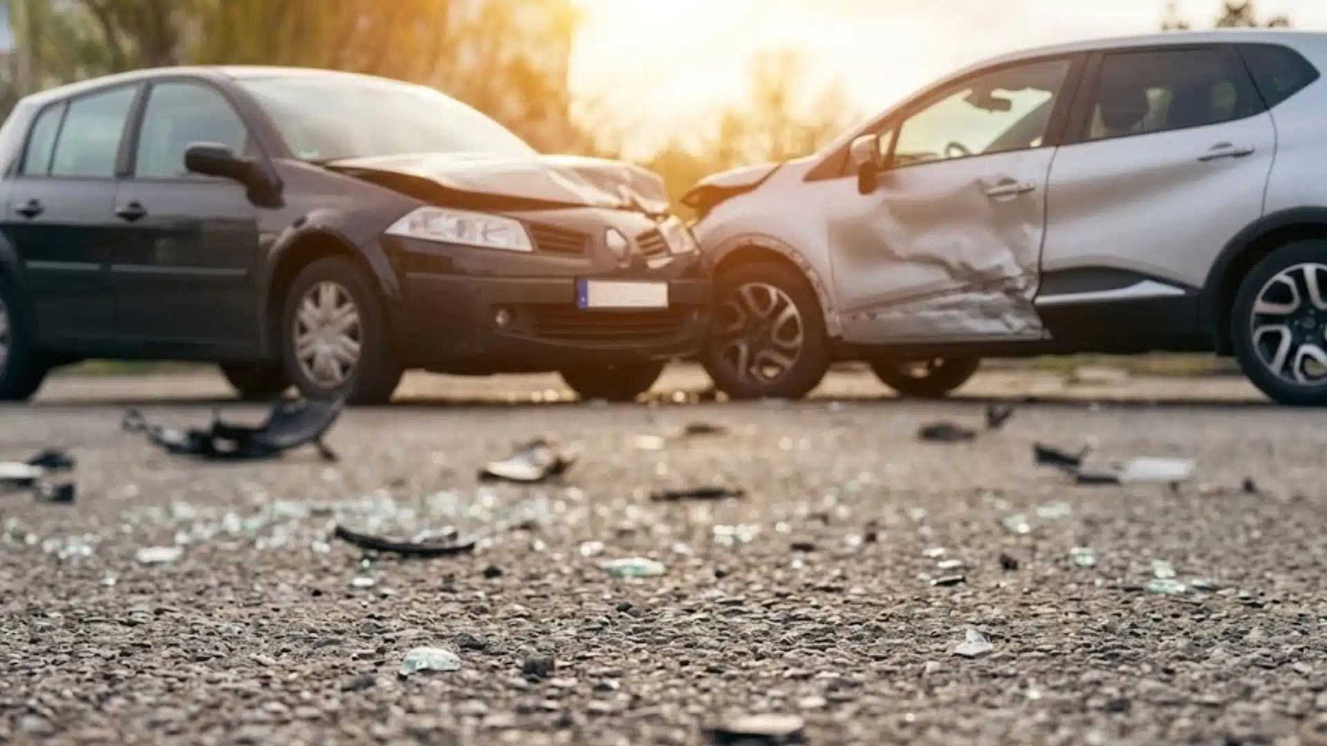 Two cars crashed head on with visible front damage and debris scattered across the road during sunset