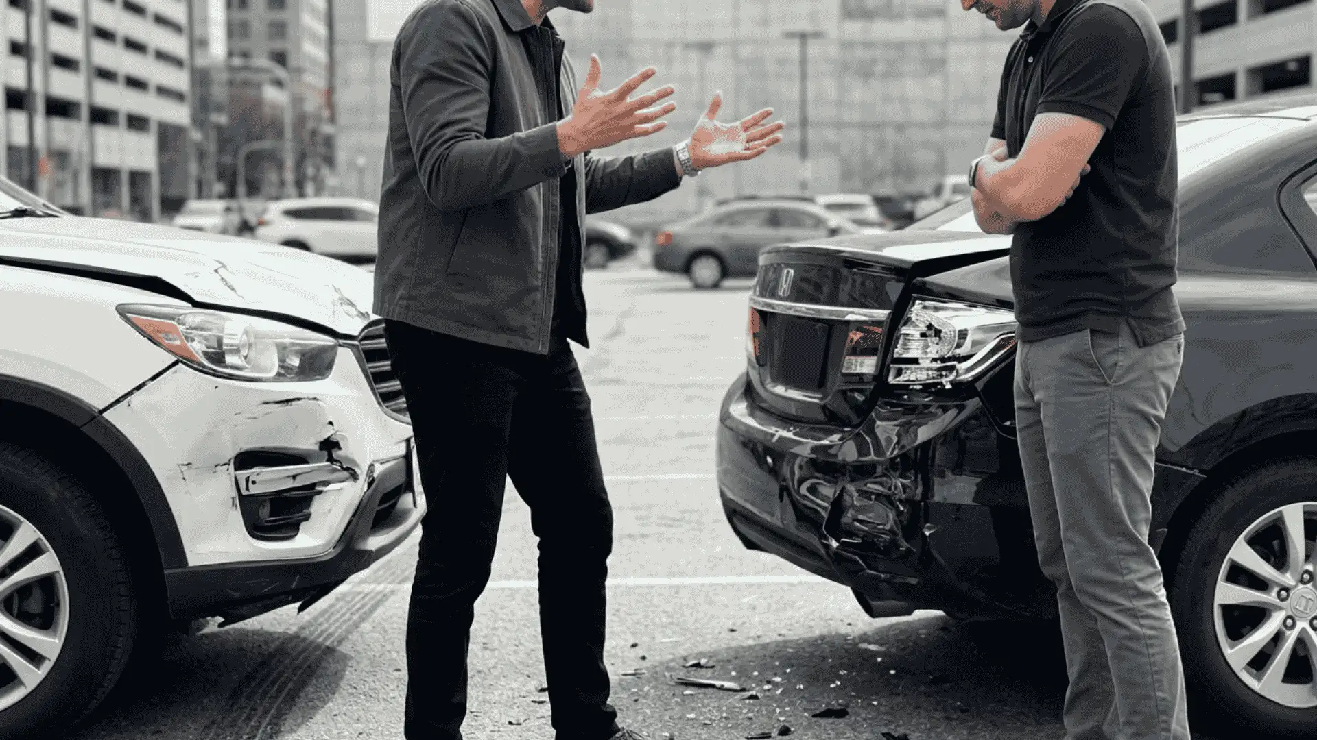 Two men arguing next to damaged cars after a crash in a parking lot, showing a heated dispute scene