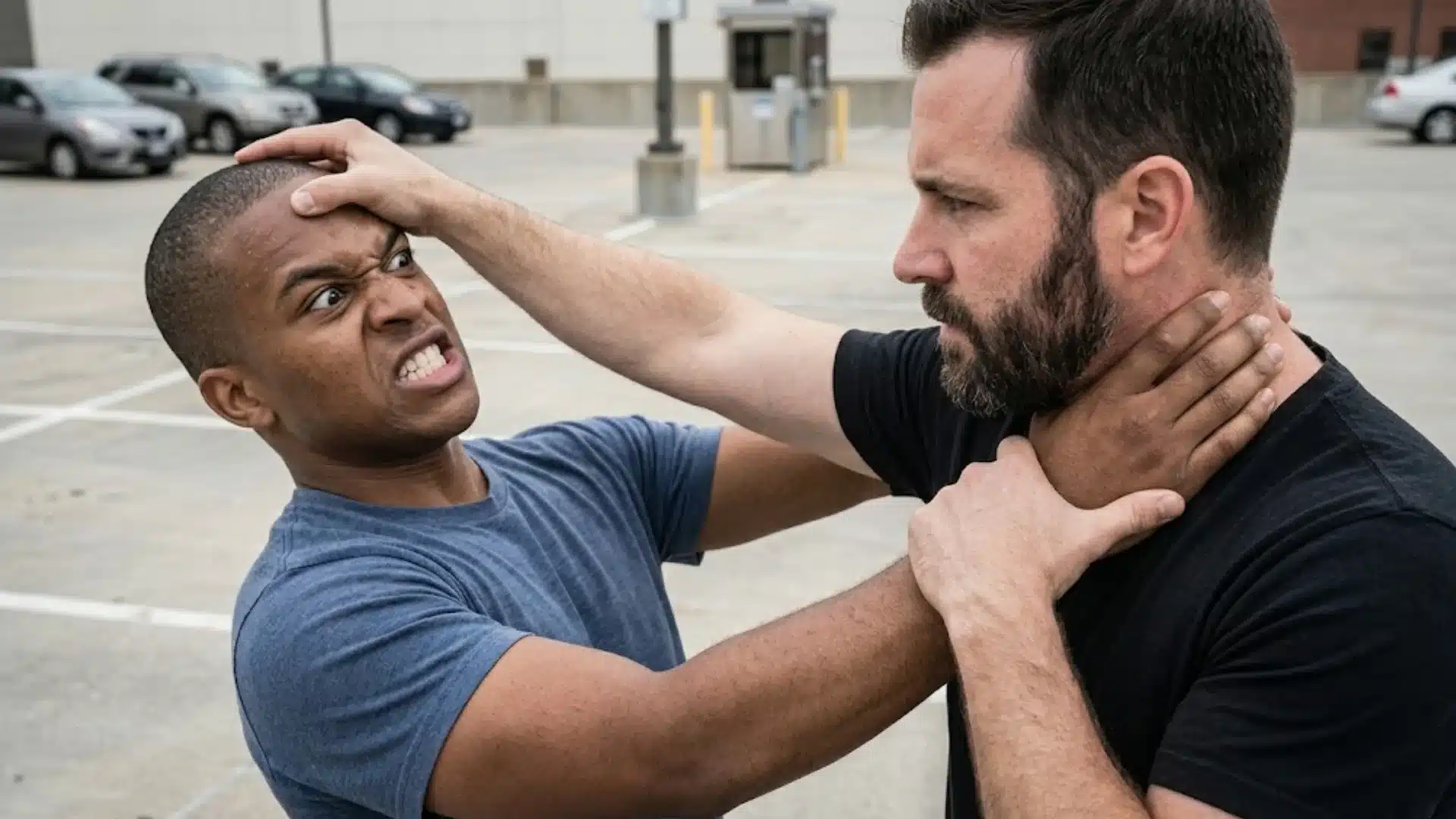 Two men engaged in a physical fight in a parking lot, one grabbing the other's neck aggressively