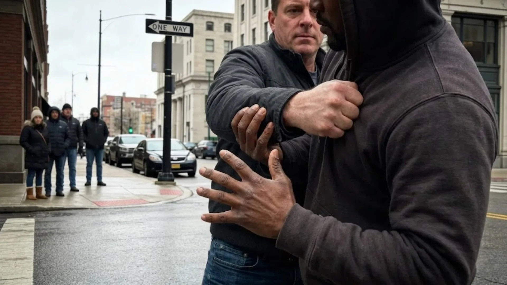 Two men in a street confrontation, one grabbing the other’s jacket while bystanders watch nearby