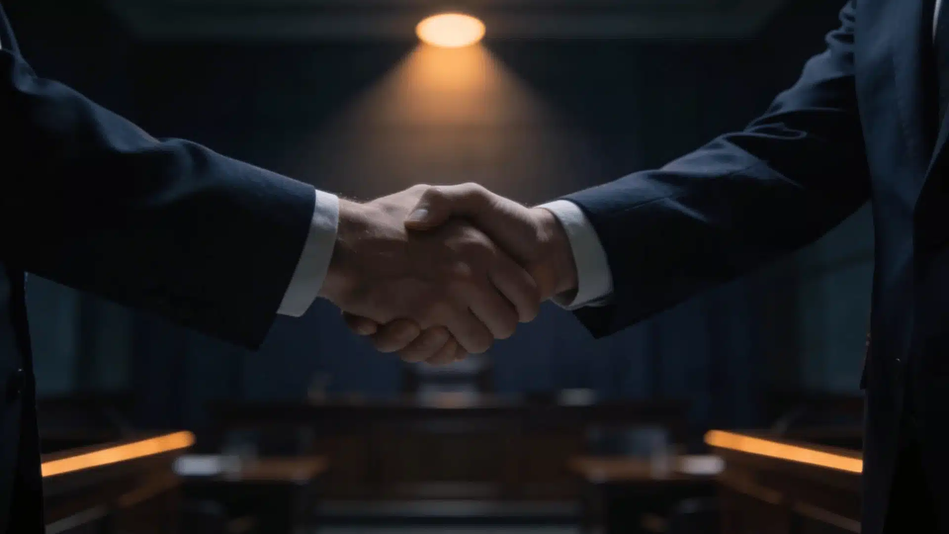 Two men in suits shaking hands inside a courtroom, symbolizing agreement or criminal conspiracy in legal context